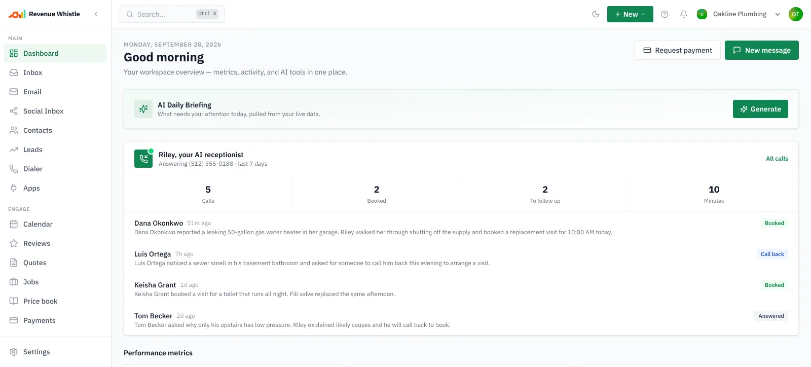 The dashboard with the AI receptionist’s week: calls answered, jobs booked and follow-ups, with the latest calls.