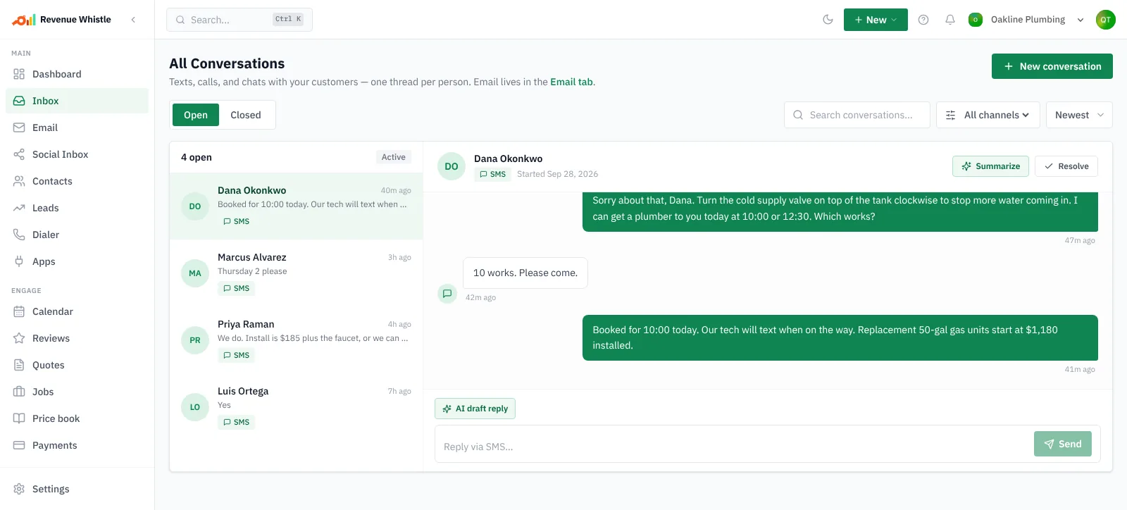 The Revenue Whistle inbox with one thread per customer, showing the text-back about a leaking water heater and two offered times.
